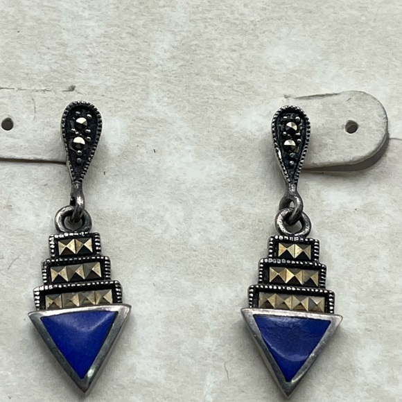 Jewelry - Vintage Sterling Silver and Blue Lapis Geometric Drop Earrings - Statement gift